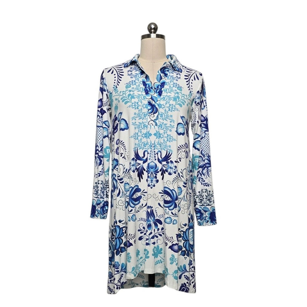 Johnny Was Blue White Floral Bird Bamboo Tunic Dress T33323-2 Womens Size XS